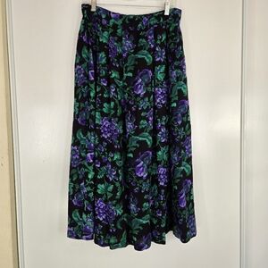Sarah Elizabeth Black Floral Pleated Maxi Skirt Vibrant Purple Flowers Sz 14 Vtg